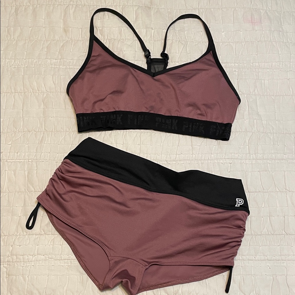 PINK Victoria's Secret Mauve and Black Sports Bra Set